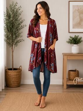 NWT Lularoe Shirley Kimono Cover Up Maroon with Blue White Floral SMALL
